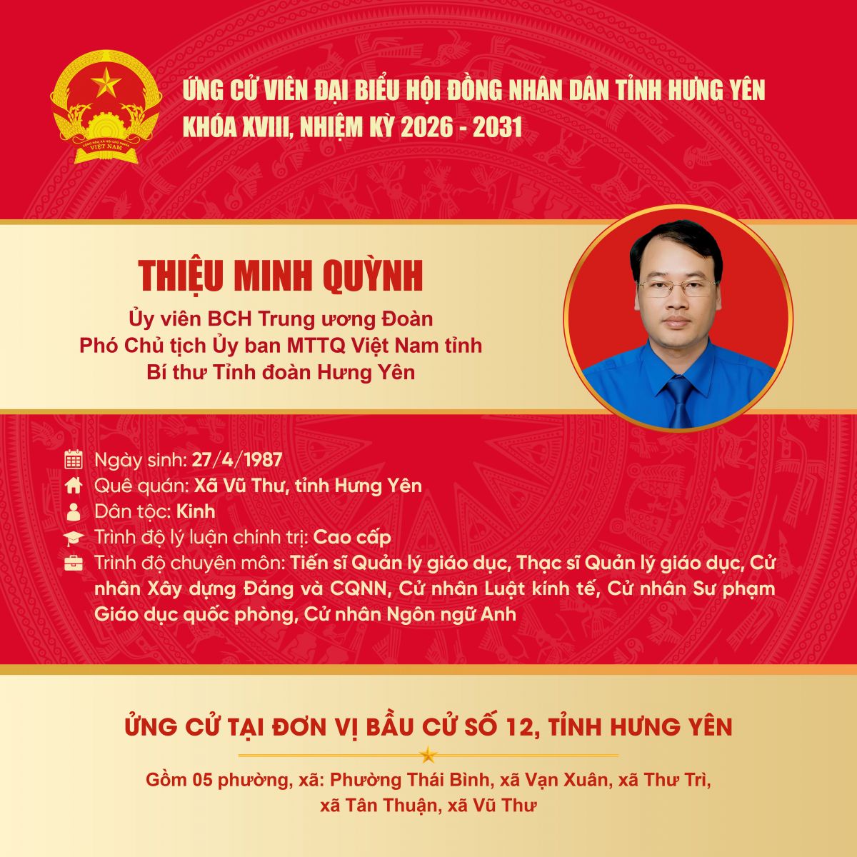 Đồng chí Bí thư Tỉnh đoàn Hưng Yên ứng cử đại biểu Hội đồng Nhân dân tỉnh khóa XVIII, nhiệm kỳ 2026 - 2031