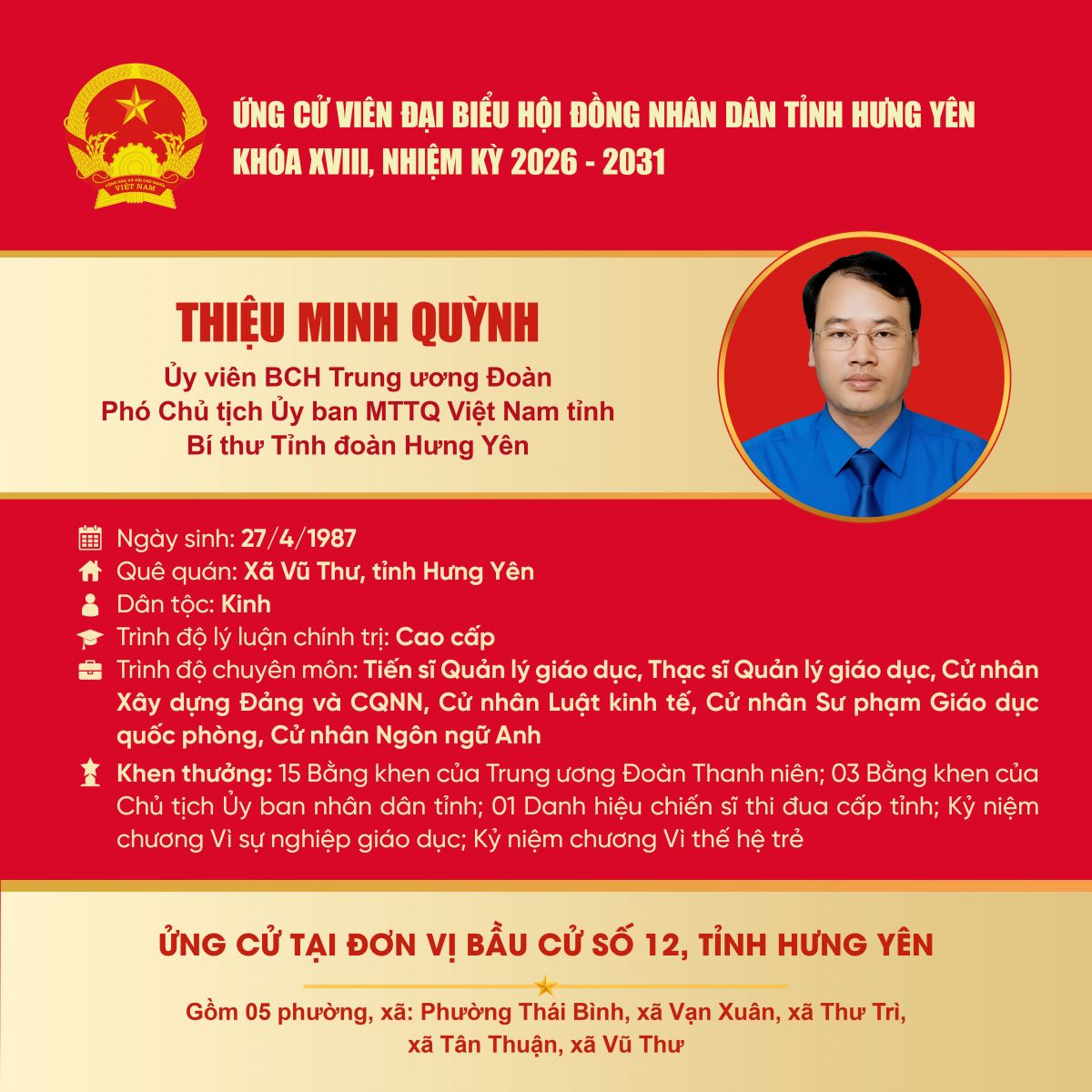 Đồng chí Bí thư Tỉnh đoàn Hưng Yên ứng cử đại biểu Hội đồng Nhân dân tỉnh khóa XVIII, nhiệm kỳ 2026 - 2031